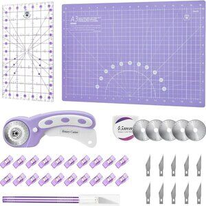 Purple A3 Fabric Rotary Cutter Kit with 45mm Cutter, Blades, Cutting Mat, Ruler